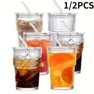 Transparent Reusable Glass Cup Set with Lid and Straw, Dishwasher Safe, Perfect for Iced Tea, Juice, Water, Milk Tea, Smoothies, Glass Drinking Cup