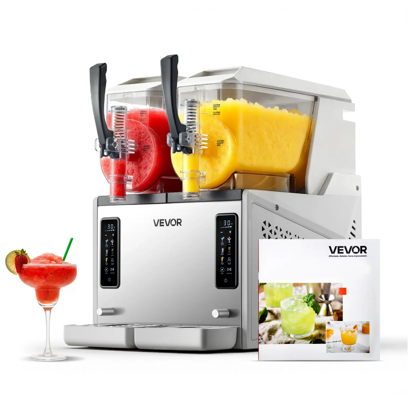 VEVOR Dual-Tank Slushie Machine, 3L/100oz x2 No-Ice Frozen Drink Maker with 360-Degree Function, Self-Cleaning, Comfortable Grip, Dishwasher Safe for Home Margaritas, Frappés
