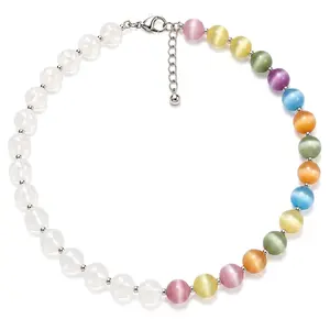 Rainbow Beaded Choker Necklace – UV Reactive Color Changing, Waterproof Stainless Steel, Dopamine Style Colorful Summer Jewelry, Stackable Layered Necklace