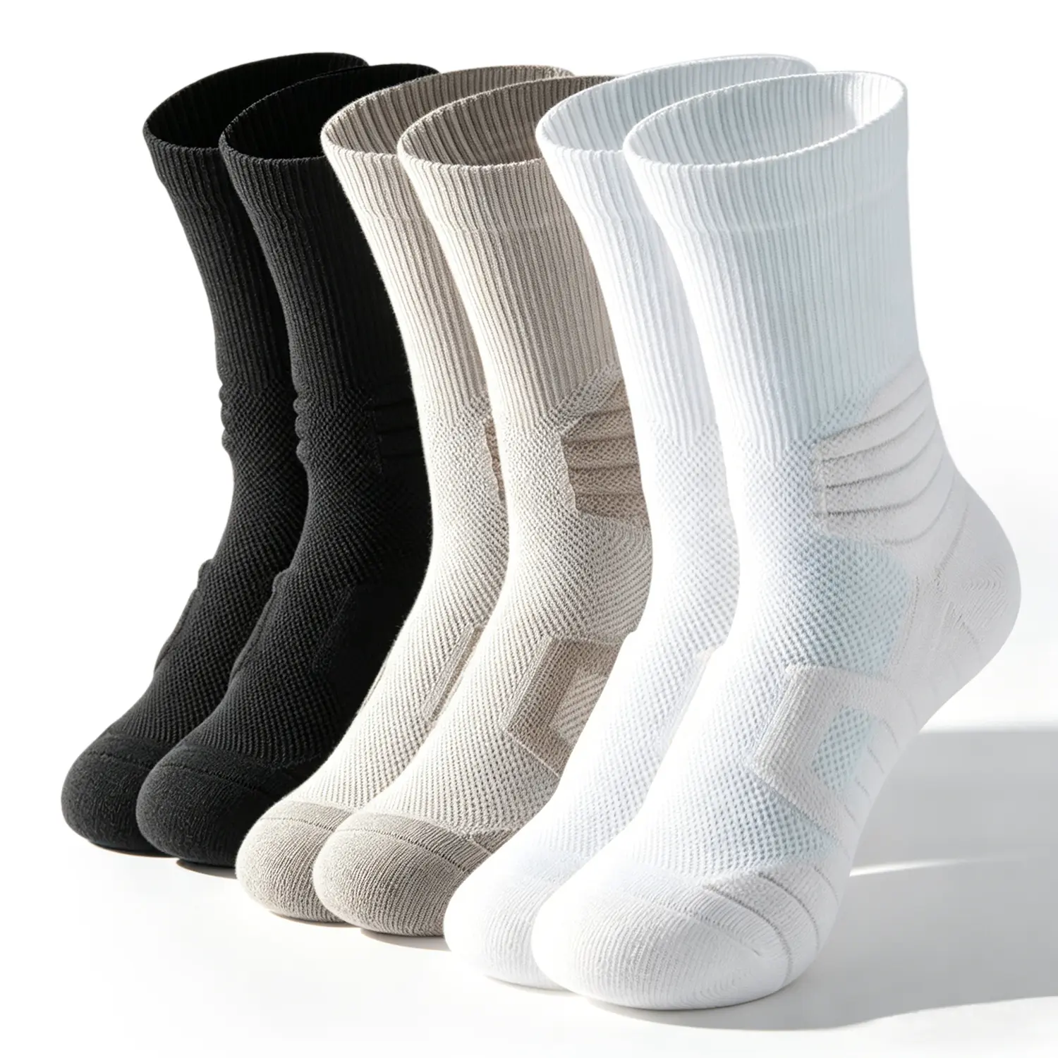 Mesh Breathable Anti Slip Athletic Crew Socks,Long Staple Cotton with Arch Compression,Padded Reinforced Heel Toe Sweat Wicking,for Basketball,Running,Hiking,Daily Sports Workout