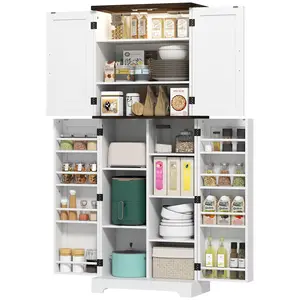 64 Inch Tall White Kitchen Pantry Cabinet with Motion Sensor Light Magnetic LED Adjustable Brightness Color 10 Shelves 8 Spice Racks for Dining Room Small Apartment
