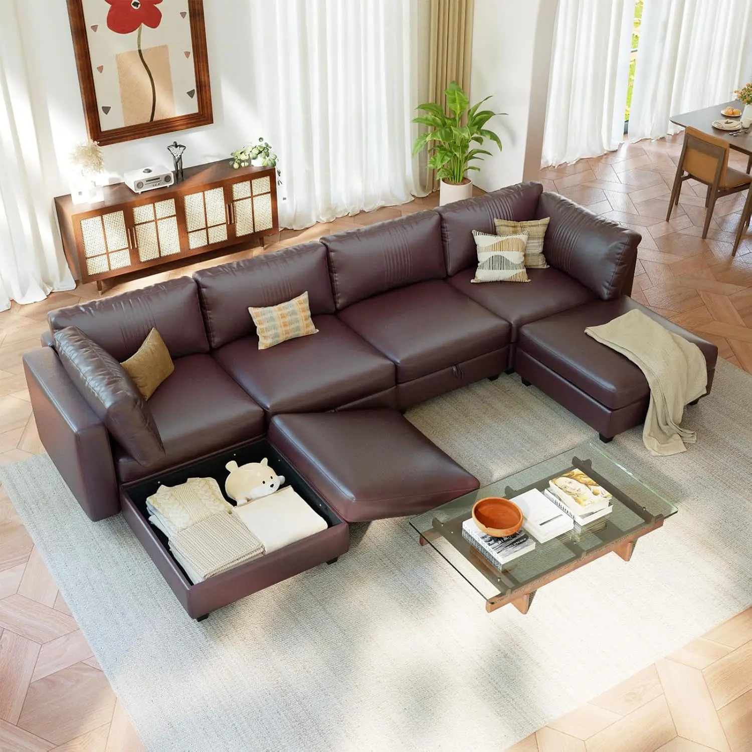 4- 8 Seat Modular Sectional Sofa, Convertible L & U Shaped Couch with Storage, Modern Leather Couch with Ottomans, Faux Leather Sectional Couches for Living Room, Office, Apartment, Dark Brown