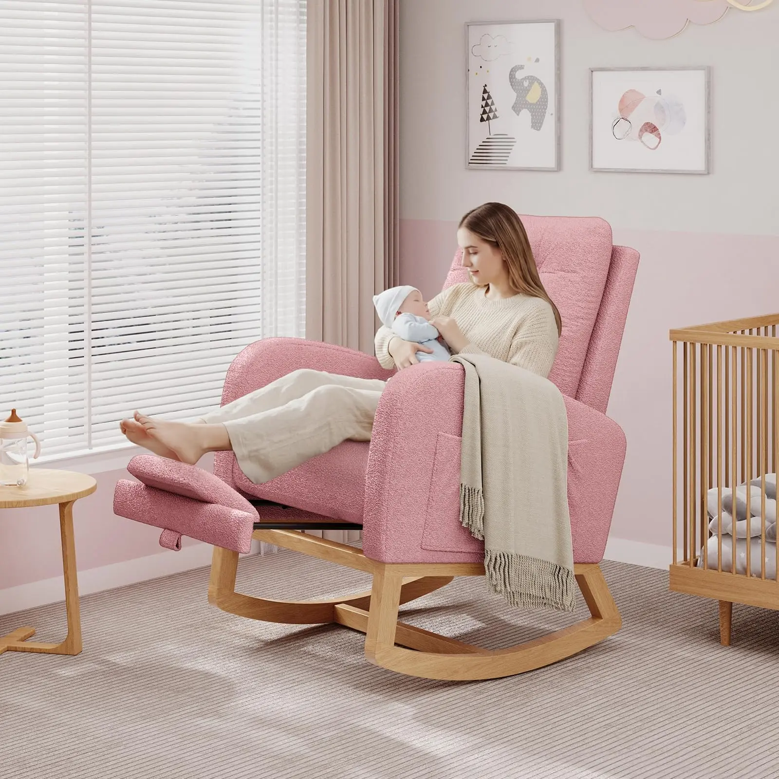 Modern Nursery Rocking Chair - High Backrest, Comfortable Glider Recliner for Living Room & Bedroom with Reclining Footrest, Plush Seat, Wooden Legs & Side Pocket