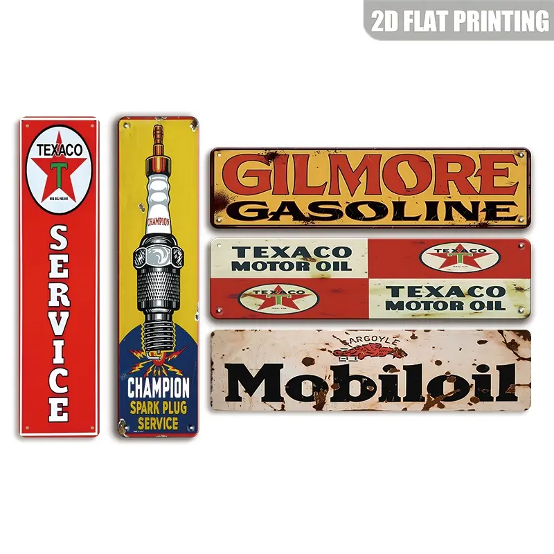 Vintage Gas Tin Signs Set, 5-Piece 2D Flat Man Cave Decor for Garage & Outdoor Walls, Yard Sign, Decorative Sign, Home Sign Wall Decor, Wall Metal Plaque, Retro Style Metal Signs for Bars & Halloween Themes, Vintage Plaque Decoration, Home Decor Products