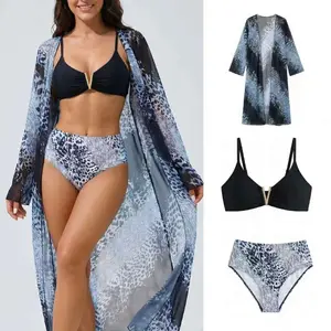 3 Pieces Women's Bikini Set,  Women High Cut Swimsuit, String Sexy Swimwear/ Bating Suit with Mesh Cover up- S-3XL High-Waisted