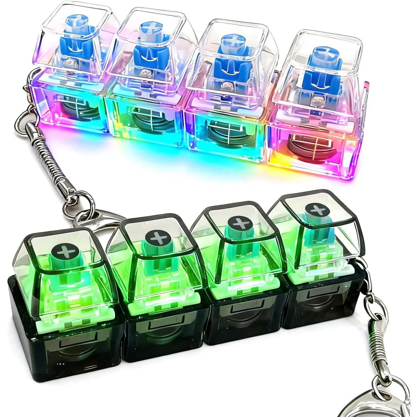 Keyboard Fidget Keychain with LED Lights mechanical keyboard with Removable Battery 4-in-1 Stress Relief Clicker Toy Keyboard Button Finger Clicker for Anxiety Relief, Sensory Decompression Toy for Kids & Adults (Transparent Black)