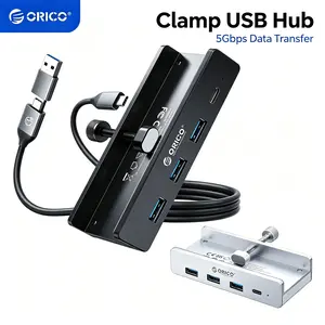 ORICO USB 3.0 Hub, Clamp USB Hub, Aluminum 4-Port USB Splitter with Extra Power Supply Port and 4.92 FT USB Data Cable, Desktop Powered USB Hub with 3 USB-A Data Ports, USB-C Port for Monitors/Desks-MH4PC