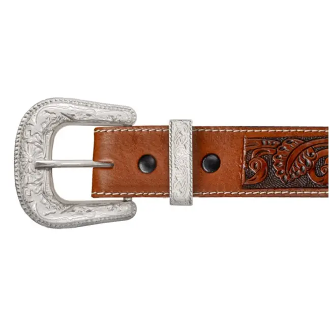 Tooled Leather Belt & Silver Plated 2 Piece Ranger Buckle Set
