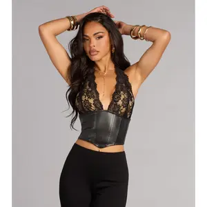 Midnight Mood Lace And Faux Leather Corset Top
