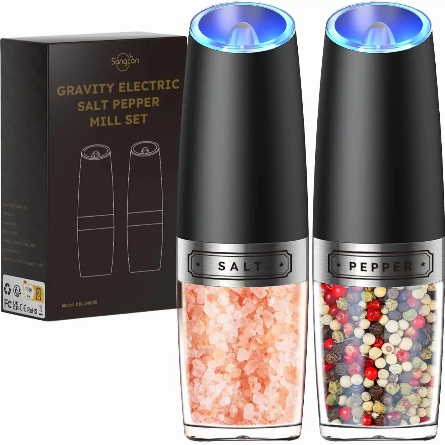 Electric Salt and Pepper Grinder Set Automatic Shakers Mill Grinder with LED Light, Battery Powered Adjustable Coarseness One Hand Operation, Upgraded Larger Capacity