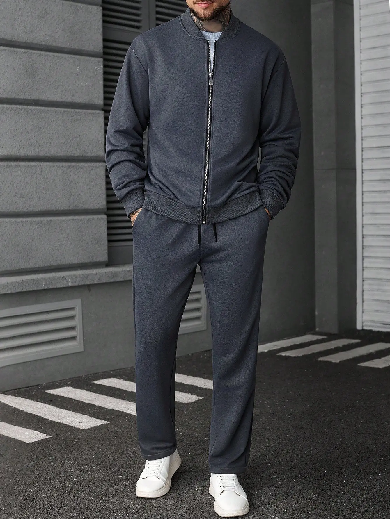 USBoutiqueCHIC Men’s Solid Bomber Zip-Up Jacket & Drawstring Straight Knit Pants Two Piece Sweatsuit | Minimalist Urban Casual Athleisure Set