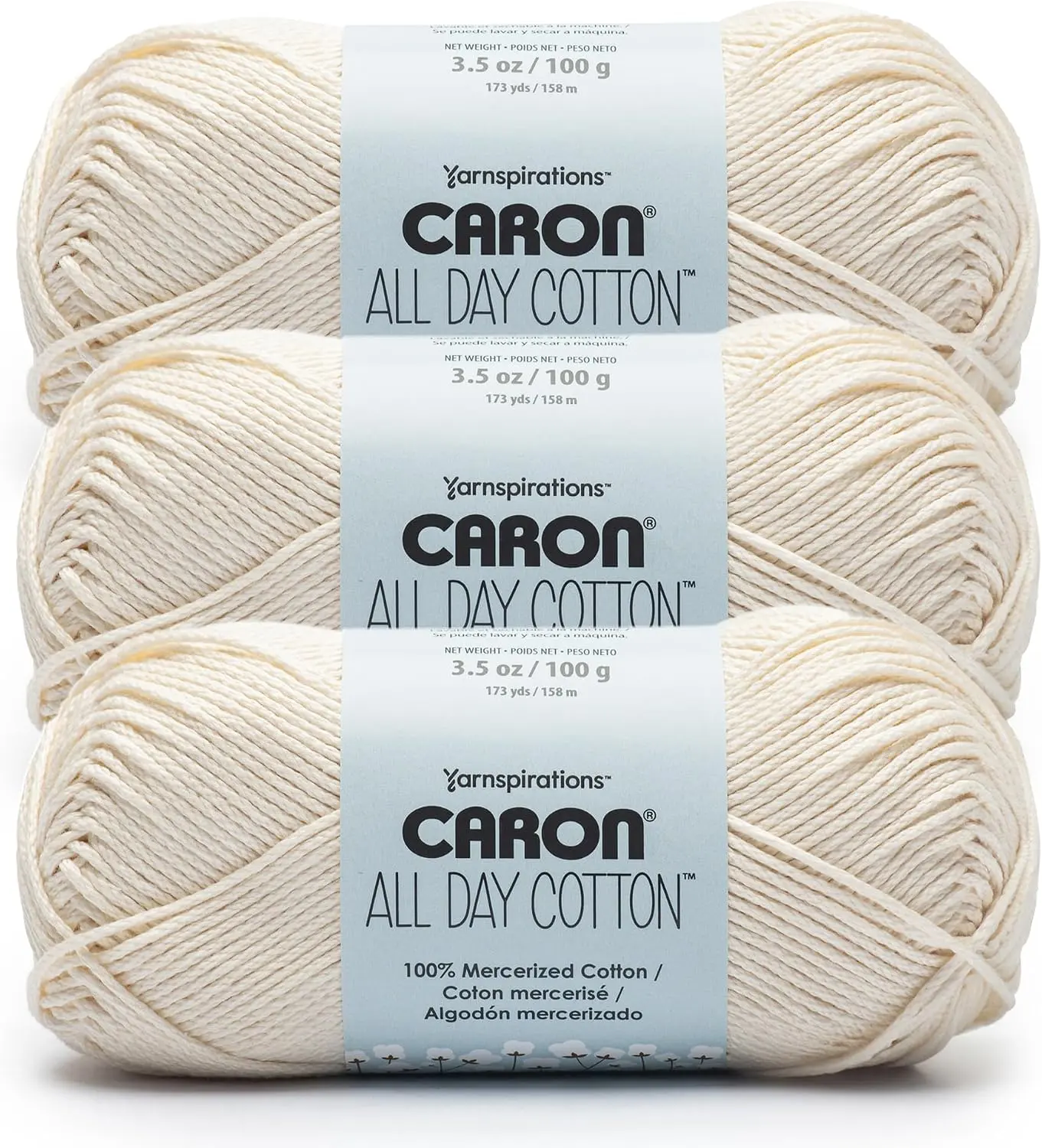 Caron All Day Cotton - 3 Pack of 173 Yards/3.52 oz Cream 100% Mercerized Cotton Yarn