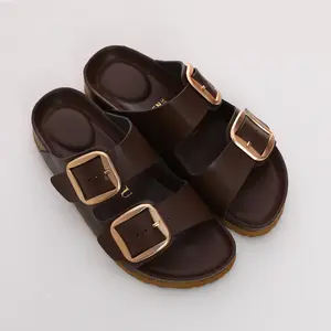 Fashion Slippers Walking Shoes for Summer with Gold Buckles Brown Color Comfortable Design Footwear Women Sandal Casual Stylish Girl