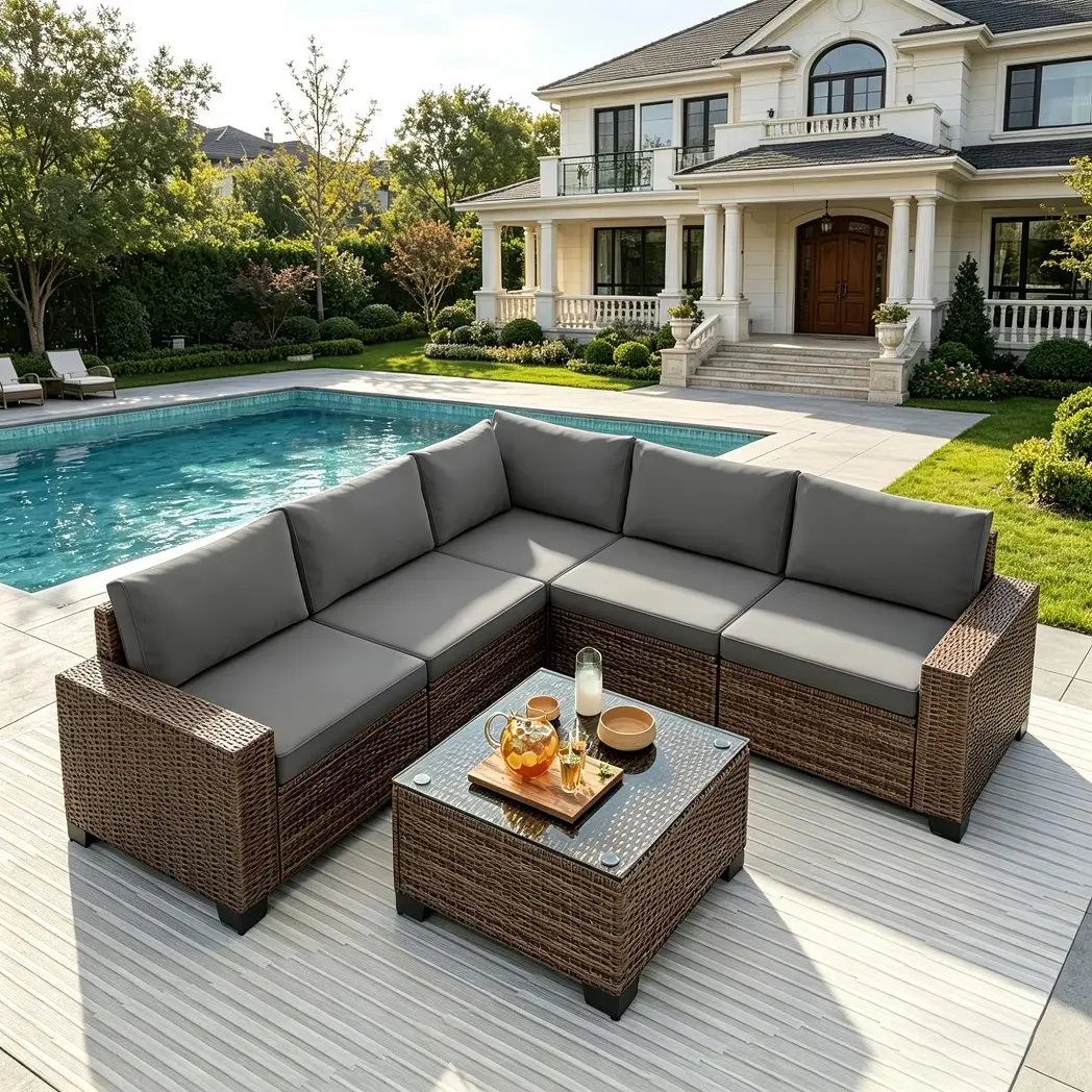 Gizoon 6 Piece Outdoor Patio Conversation Sets,Spacious Patio Sectional Furniture Set with Adjustable Raised feet,Thicken Cushions and a Coffee Table for Courtyard,Poolside,Party,Gray