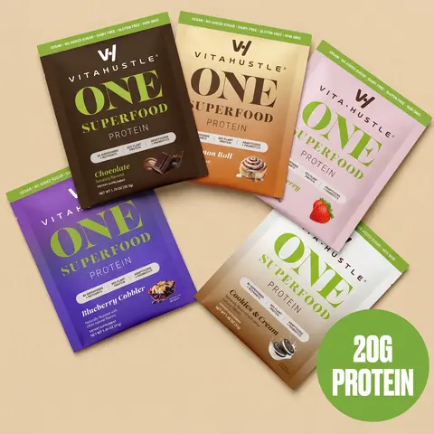 [New] VitaHustle ONE Protein 5 Single Serve Packets (Chocolate, Strawberry, Blueberry Cobbler, Cookies & Cream, Cinnamon Roll) - 20g Protein, Ashwagandha, Daily Vitamins, Superfoods, Pre+Probiotics