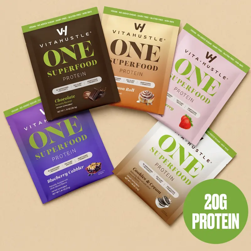 [New] VitaHustle ONE Protein 5 Single Serve Packets (Chocolate, Strawberry, Blueberry Cobbler, Cookies & Cream, Cinnamon Roll) - 20g Protein, Ashwagandha, Daily Vitamins, Superfoods, Pre+Probiotics