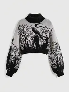 Gothic Punk Halloween Raven Cemetery Moon Bat Branch Jacquard Lantern Sleeve High Neck Knitwear Sweater Pullover, Loose Fit, All Seasons