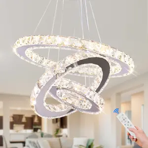 Modern Luxury K9 Crystal 3-Ring LED Chandelier Pendant Light Dimmable Remote Control Flush Mounted Ceiling Lamp Medium Size DIY Elegant Home Living Room Decor Lighting QH-MP010