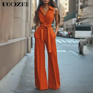 UOOZEE Women's 2026 New Summer Polyester Chic Sleeveless Belted High-Waisted Buttoned Straight-Leg Jumpsuit with Pockets - Elegant Casual Office/Party Outfits (Sizing Runs Small; Check Size Guide or Order Larger) [Jacket-Top Style],summervibes
