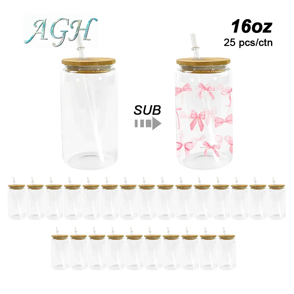 USA 25pcs 16 oz Glass Cans Cups with Bamboo Lid and Straw Sublimation Blank Wholesale