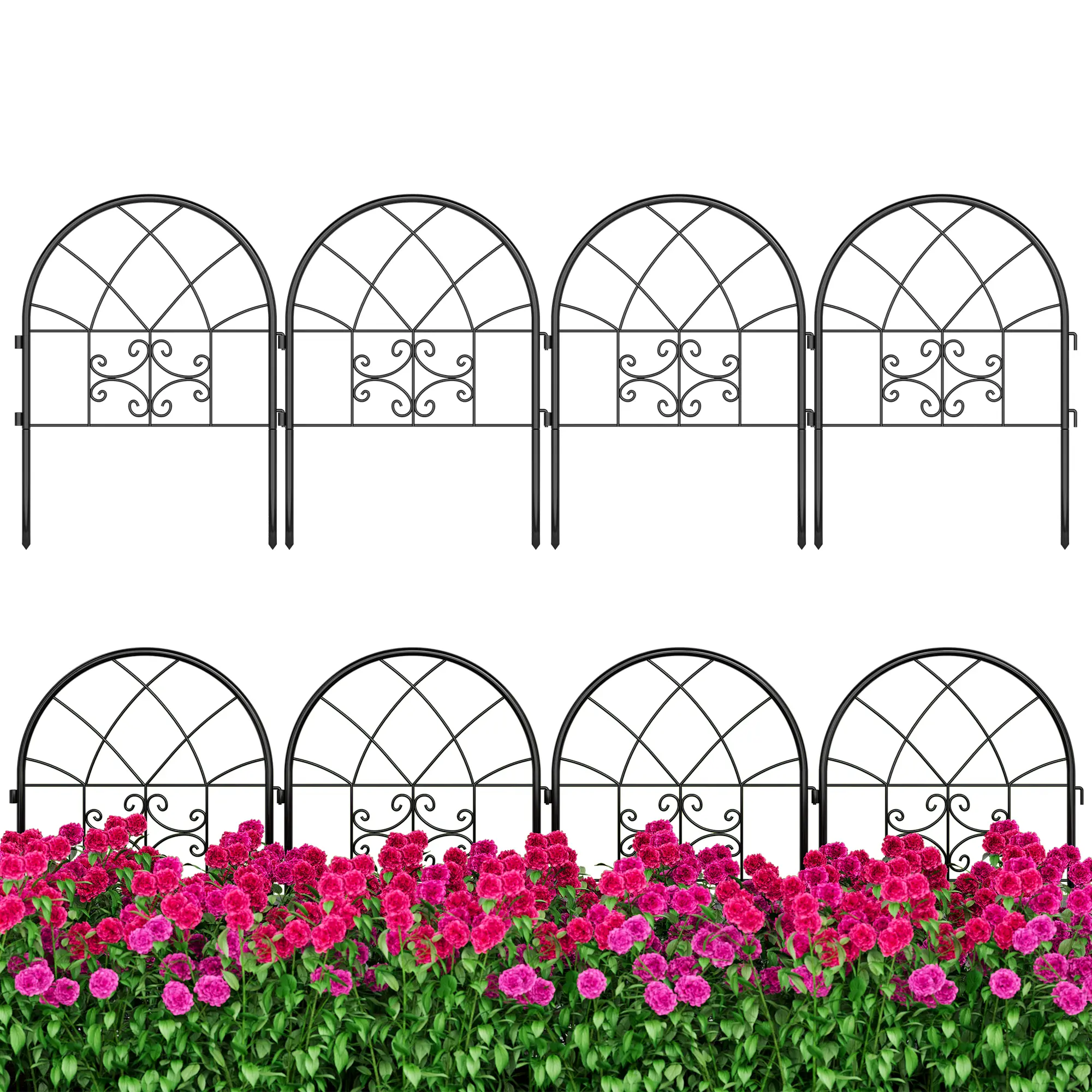 Heavy-Duty Rustproof Metal Garden Fence Panels – Decorative Black Steel Edging for Outdoor Yard, Lawn, Flower Beds, Pet & Animal Barrier – Easy No-Dig Installation, Durable Wrought Iron Fencing, 8 Pack