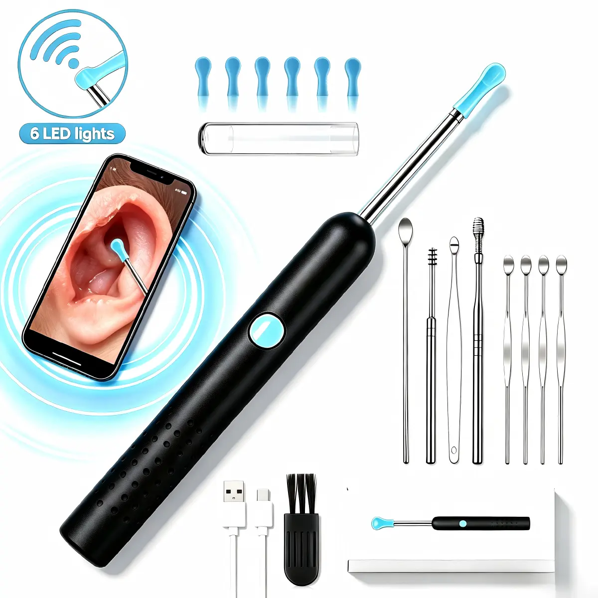 Visual Manual Earwax Removal Tool Set, 1080P HD Camera Ear Aid, Compatible with iPhone & Android Phones for Ear Wax Removals, Visual Manual Earwax Removal Tools