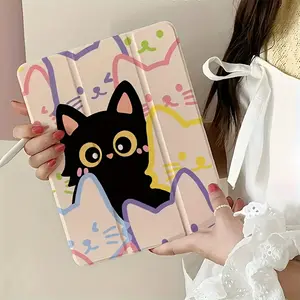 A tablet case with a black cat pattern and pen slot, suitable for iPad Mini, Air, Pro 4, 5, 6, 7 (2017, 2018, 2019, 2020, 2021, 2022, 2023, 2024, 2025 models), and Samsung S6, 7, 8, 9, 10 FE + A7 LTE, SZBCPBT37