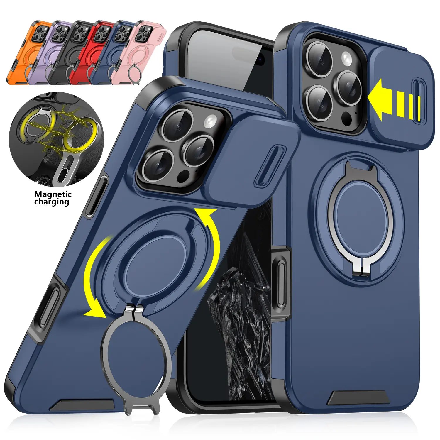 HISTORYOO Heavy Duty Case for iPhone 17 Pro Max For iPhone Air 16 Pro Max 15 14 13 12 Pro Plus with Slide Camera Lens Protector Full Bumper Protection Magnetic 360° Rotating Ring Stand Holder Kickstand Military Grade Shockproof Rugged Protective Cover