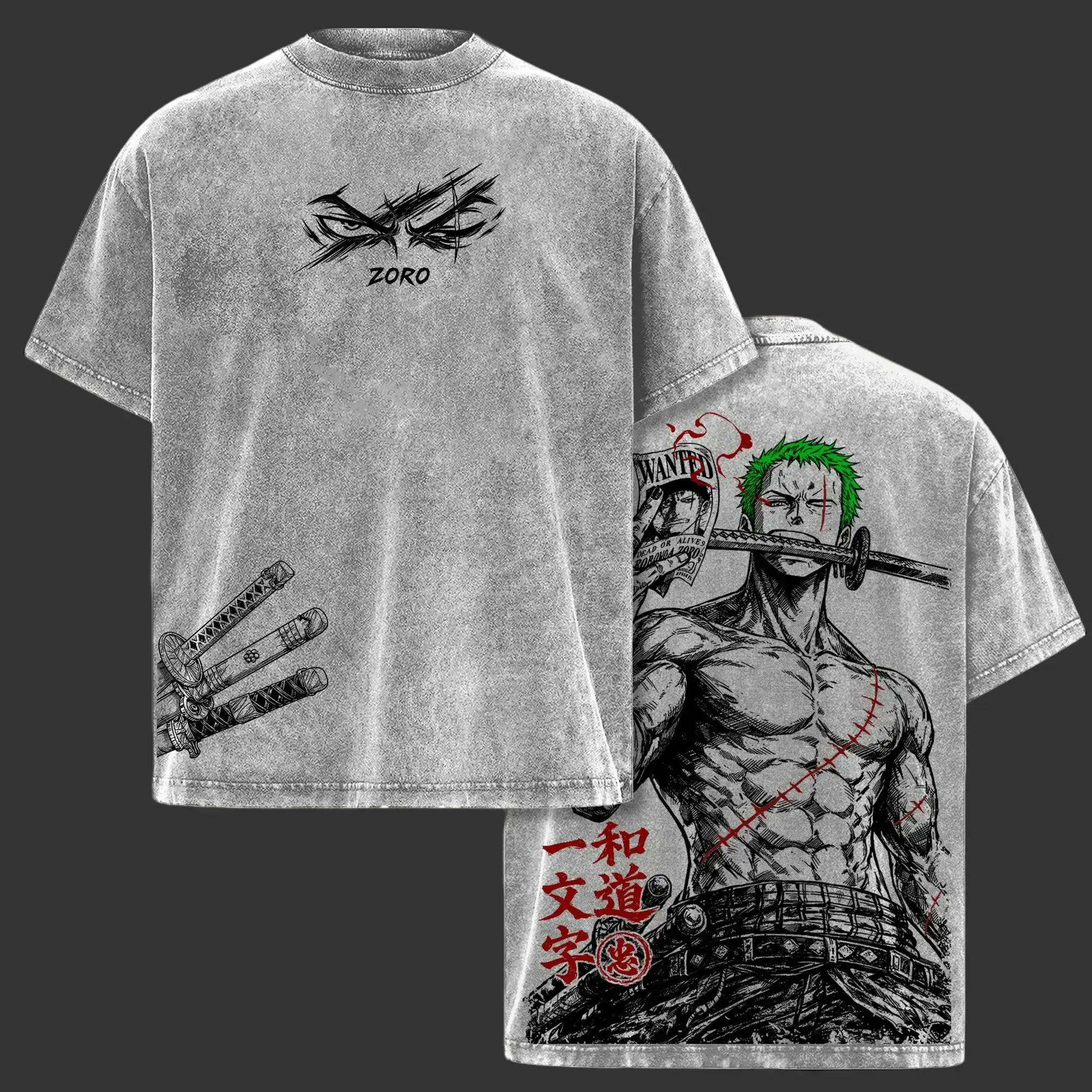 Roronoa Zoro Vintage Washed Oversized T-Shirt – OP Anime Double Printed Graphic Tee, Three Sword Style Manga Shirt, Anime Streetwear Apparel, Soft Cotton Casual Unisex Top, Gift for Anime Fans