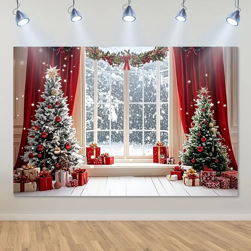 Large 2D Flat Polyester Winter Wonderland Wall Mural - Festive Christmas Party Decor Supplies with Christmas Tree, Snowy Window, Red Curtains, LED Star Light Garland Ribbon, Acrylic Ornament, Tinsel, Home & Game Room Backdrop