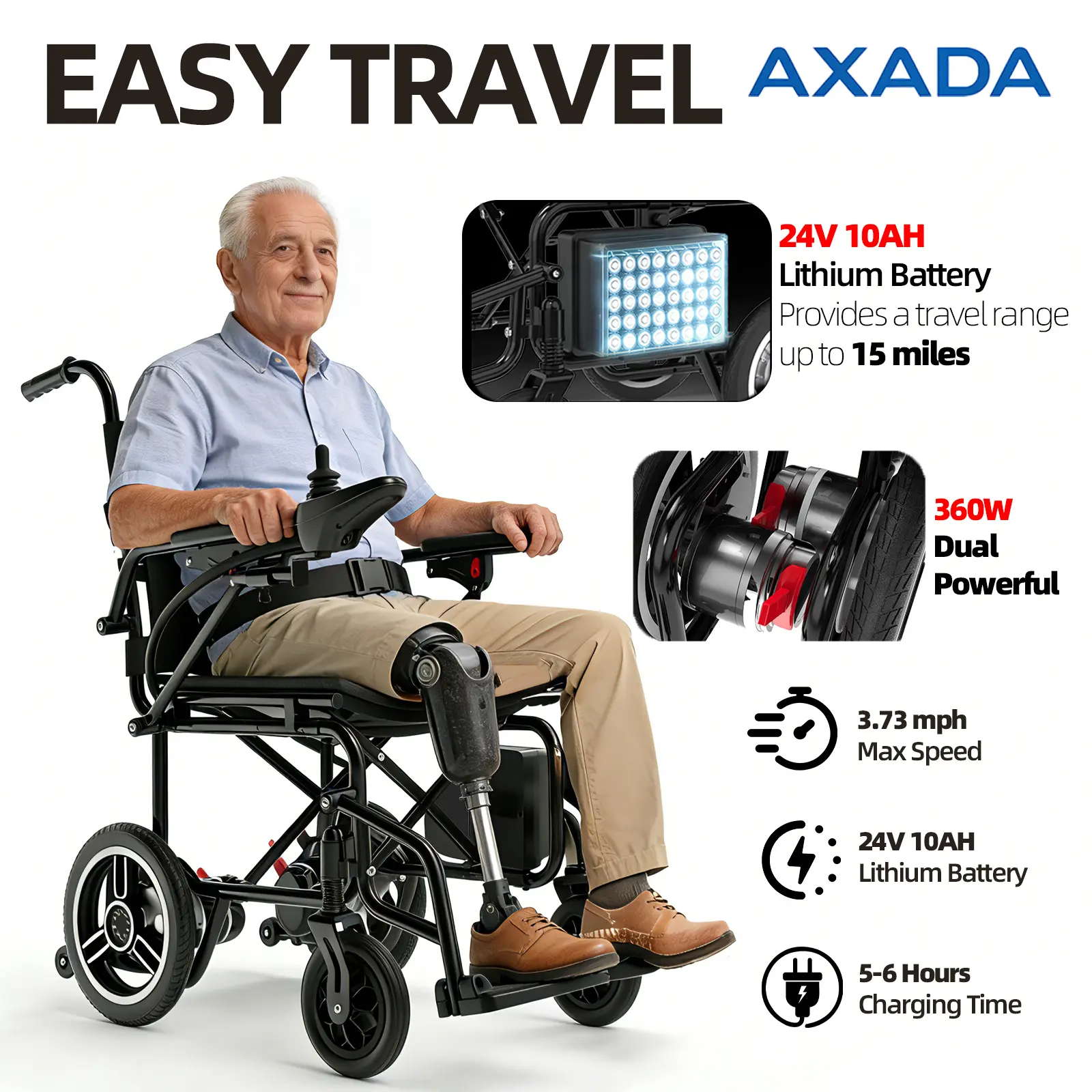 Adult & Elderly Healthcare Electric Wheelchair Equipment, 15-mi Travel Range, Lightweight Folding, 300 lbs Max Weight Support, Portable All-Terrain Motorized Wheelchair