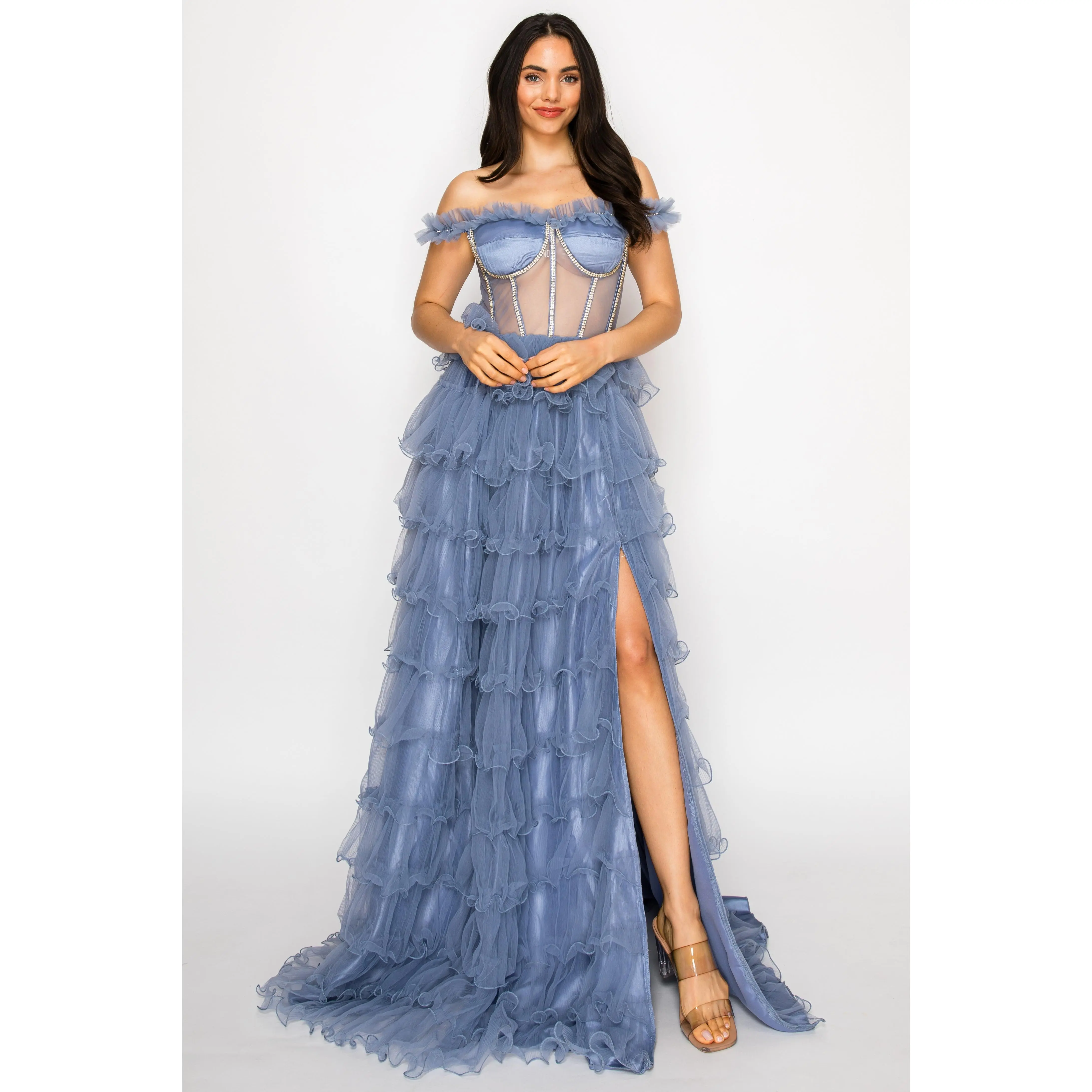 Off-Shoulder Ruffle Corset Gown