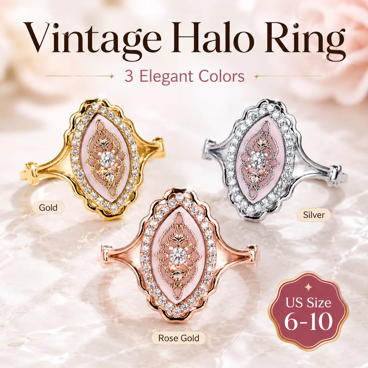 Vintage Filigree Ring for Women with Pink Stone and Crystal Halo, Classic Metal Statement Jewelry in Gold, Silver, Rose Gold Tones for Daily Wear, Halo Ring, Female, Oval, Perfect Gift For Women And Girls, Pink Oval Center Stone, Us Sizes 6-10, Rose Gold