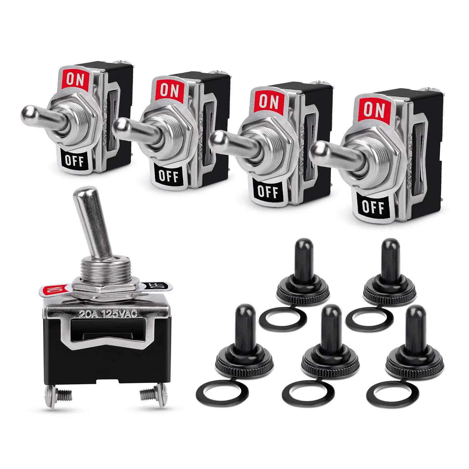 Nilight Heavy Duty SPST 2-Pin ON/Off Rocker Toggle Switch, 15A 250V/20A 125V, Metal Bat, Waterproof Boot Cap Cover, 5-Pack for Automotive & Motorcycle Auto Replacement Parts