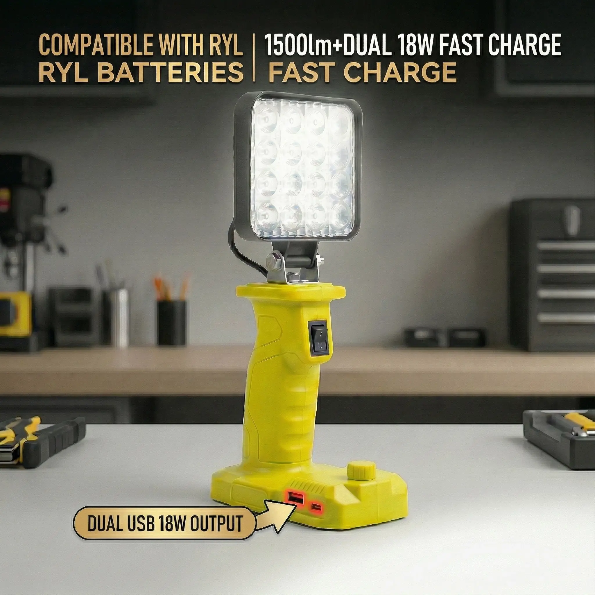 Adjustable Brightness Work Light 16 LED Outdoor Lighting, High Lumen Brightness, Compatible with Ryobi Battery, USB-C Fast Charging, Ideal for Outdoor Use