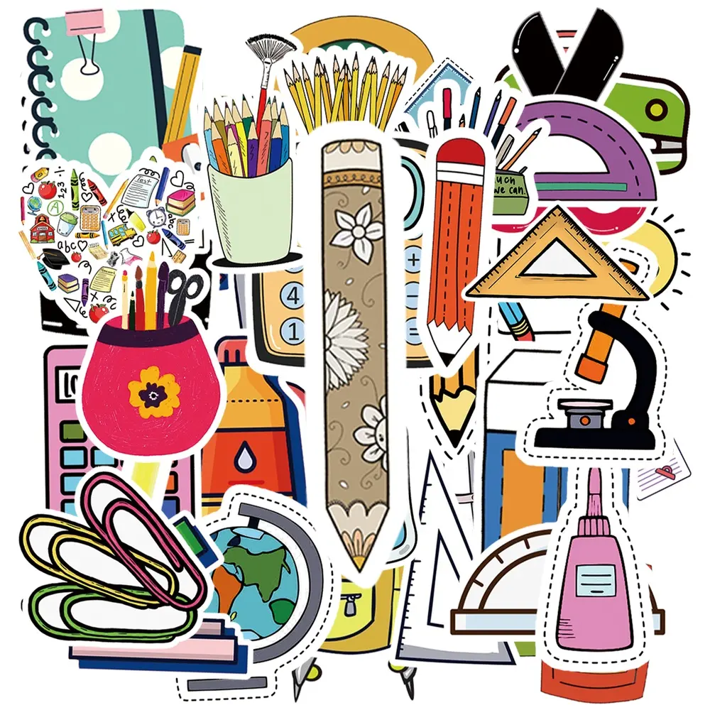50Pcs Cute School Supply Vinyl Stickers, Aesthetic Stationery Decals, Waterproof Cartoon Pencil Ruler Compass Book Sticker Pack for Car Window Dashboard, Helmet, Laptop, Water Bottle, Notebook, Back To School Decor, Gift for Students Kids Teens