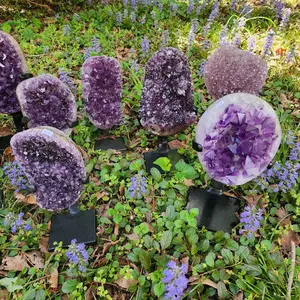 Natural Amethyst Geode Clusters on Custom Iron Display Stand Unique Mineral Inclusions Rainbow Decor