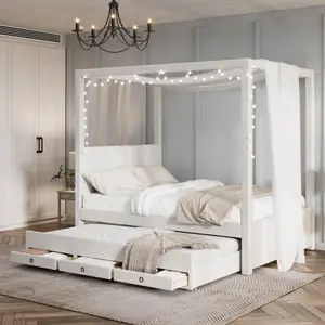 Full Size Canopy Bed with Trundle and 3 Storage Drawers, Wood Full Platform Bed, Linen Upholstery Full Storage Bed Frame for Bedroom Guest Room, Beige