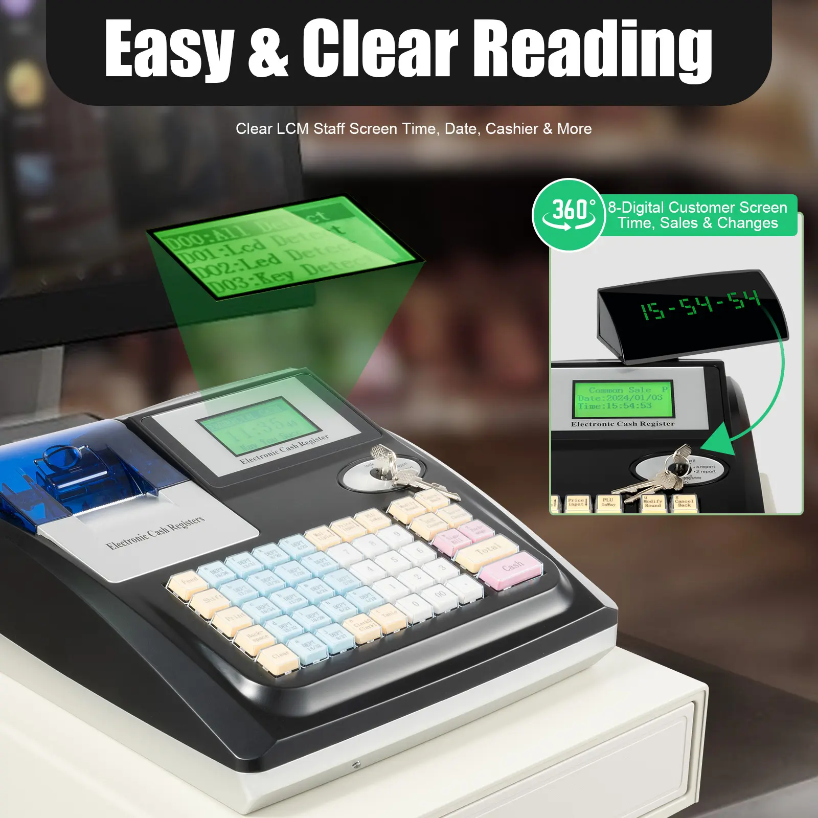 Black Tabletop Electronic Cash Register with ABS & Stainless Steel Coin Box, 48 Keys, US-Standard Thermal Printer, 8-Digit LED Display, 100-240V Power Supply, 1 English Manual for Supermarket Owners
