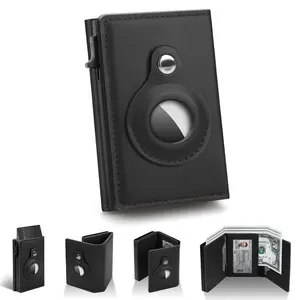 Portable Leather Smart Wallet RFID Blocking Slim Minimalist 6-9 Card Capacity ID Window Cash Slot Ultrathin Design for Everyday Carry with Pop-Up Card Case & Secure AirTag Holder