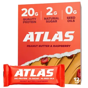 Atlas Bar – 20g Protein, 1g Sugar, 0g Seed Oils, 0g Artificial Sweeteners (12 Count, Peanut Butter Raspberry)