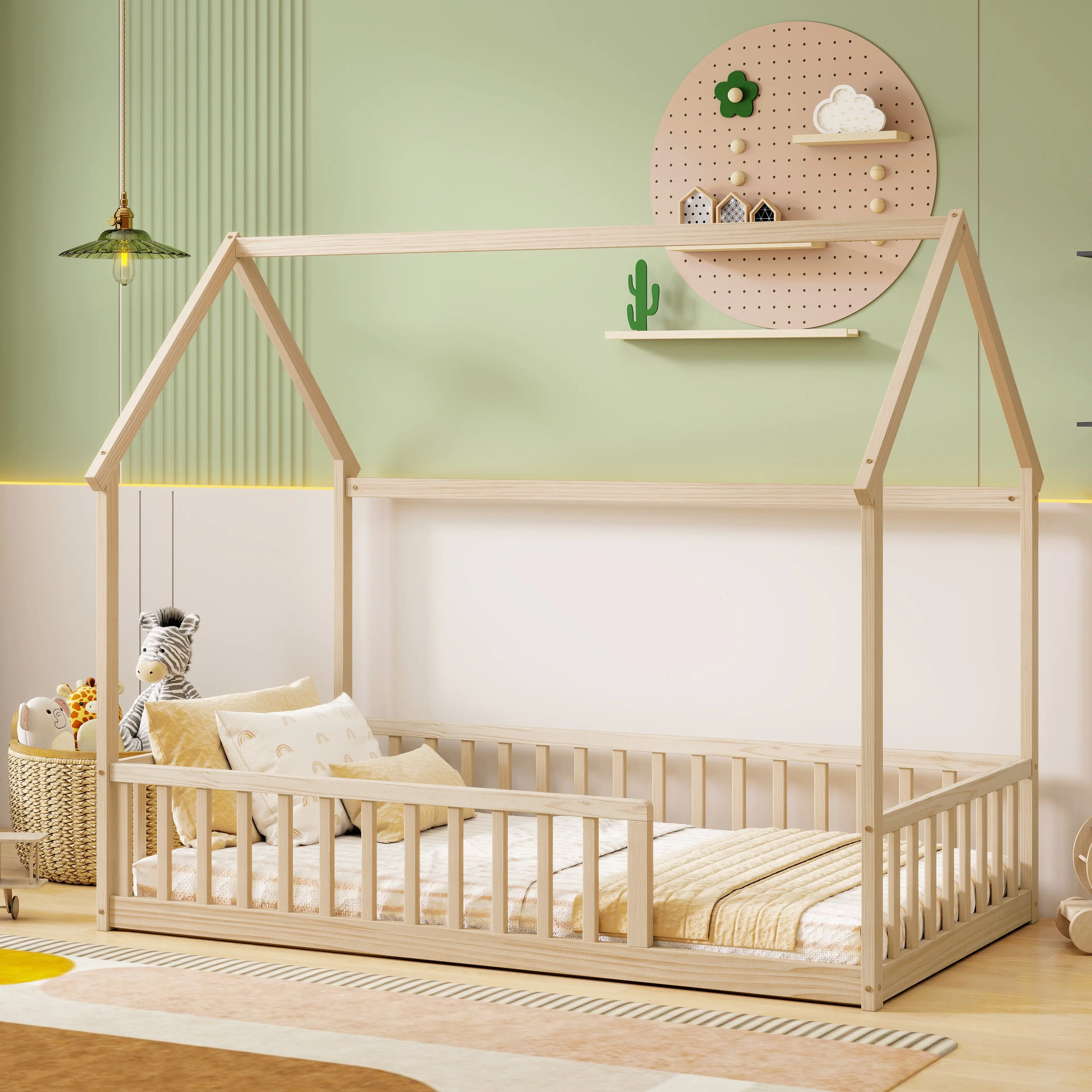 Eyisean Toddler Floor Bed - Pine Wood Twin/Full Size Montessori Bed Frame, Cute House-Shaped Roof Design, Low Profile with Safety Guardrails, No Box Spring Needed, Easy Assembly for Modern Home Decor Single Person Apartment Bedroom