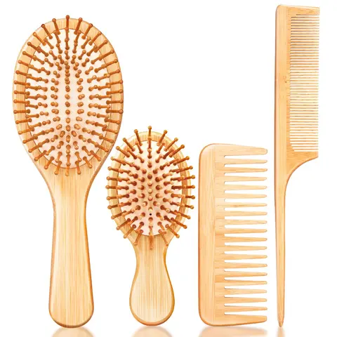 Goiple Basic 100% Bamboo Detangler Tool Hair Brushes & Combs Set - Antibacterial Anti-Tangle Selfcare Grooming Tool for Wet, Dry Hair Types