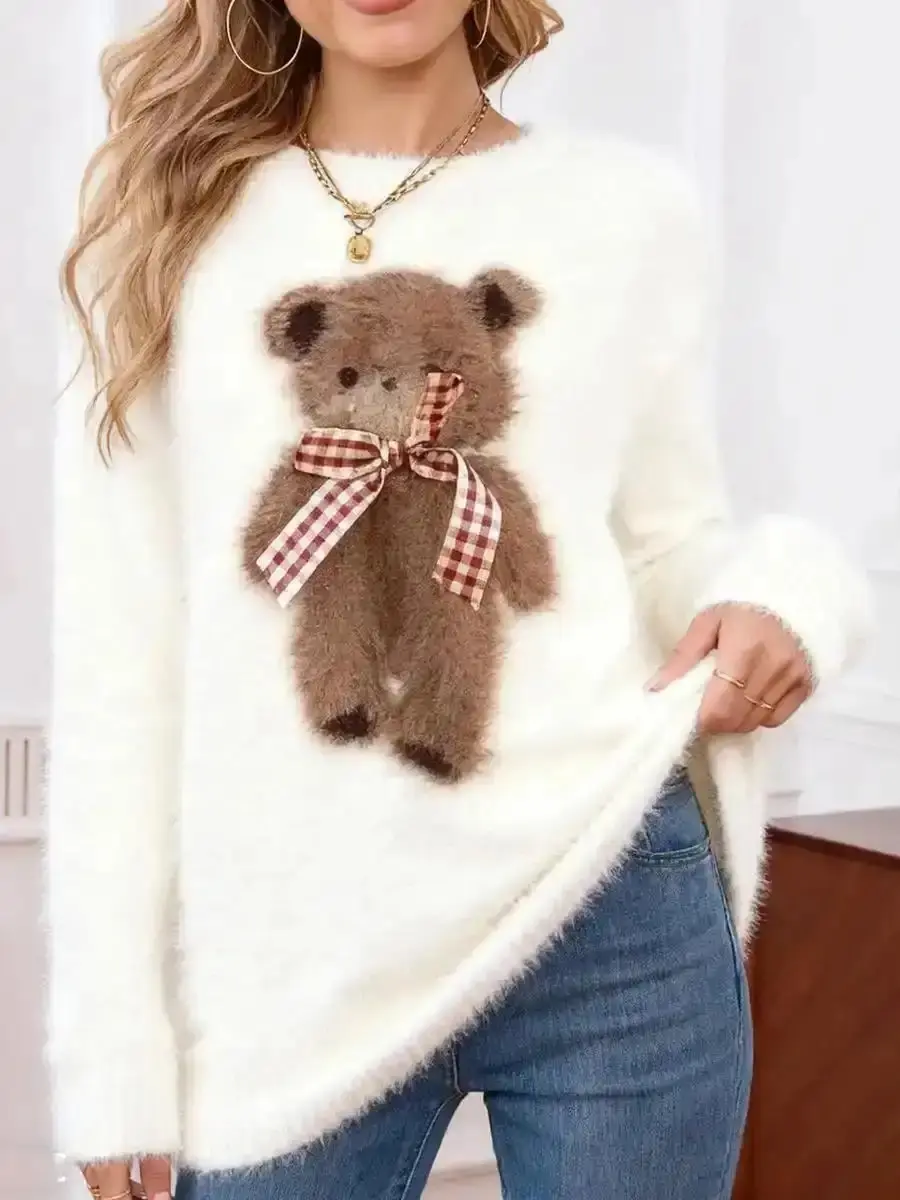 Women's Cute Bear Sweater, Winter Knitwear Pullover with Soft Plush Design for Warm and Cozy Apparel Wear Ladies Chunky Women Fashion Elegant Comfortable Versatile Lightweight Fashionable Trendy Durable