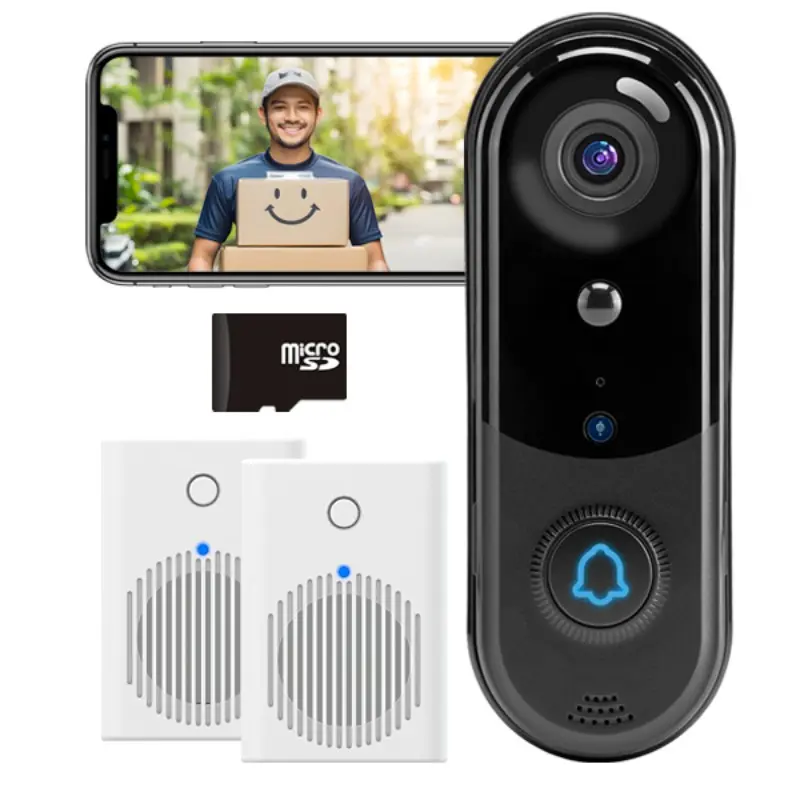 HD Visible Video Doorbell Camera with 2 Indoor Wireless Chimes, SD Card Local Storage, Human Detection, Ip65 Outdoor, Two-Way Voice Support