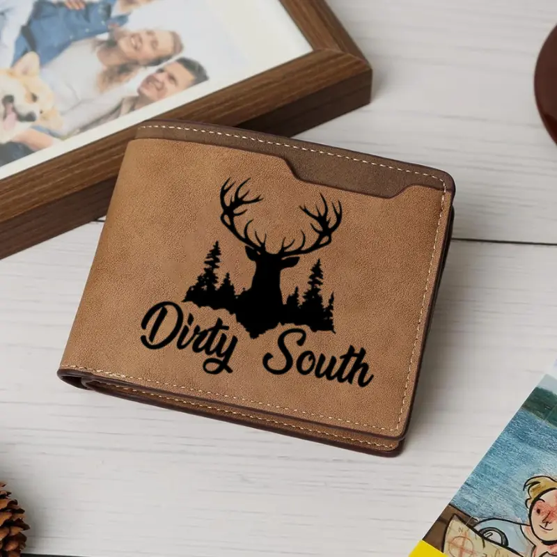 Dirty South Camo Deer Leather Wallet,  Hunting Style Outdoor Wallet for Men,Hunting Camo Deer Wallet,  Rugged Outdoor Style Men’s Wallet