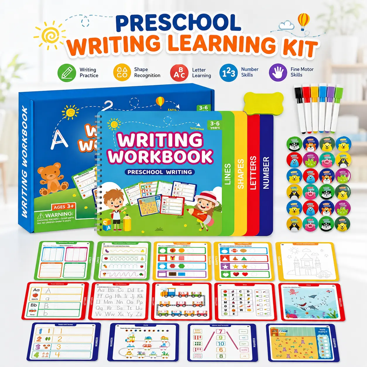Reusable Dry Erase Preschool Handwriting Practice Workbook for Kids Ages 3-6, 4-in-1 Tracing Book for Toddler Learning, Pen Control, Lines, Shapes, Alphabet, Numbers, with 6 Markers, Eraser & Reward Stickers