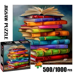 1pc 1000 piece adult puzzle 58x58cm Stack of Colorful Books with One Open Book on Top 500 pieces paper jigsaw puzzle suitable for DIY creative games for adults and families, birthday and holiday s, Art Puzzles Gift