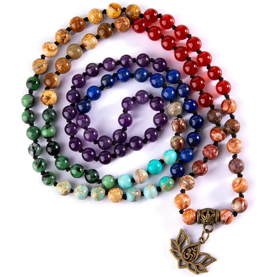 Chakra Theme Long Beaded Necklace, 108 Hand Knotted 6mm Natural Gemstone Mala Beads for Yoga & Meditation, Convertible Wrap Bracelet
