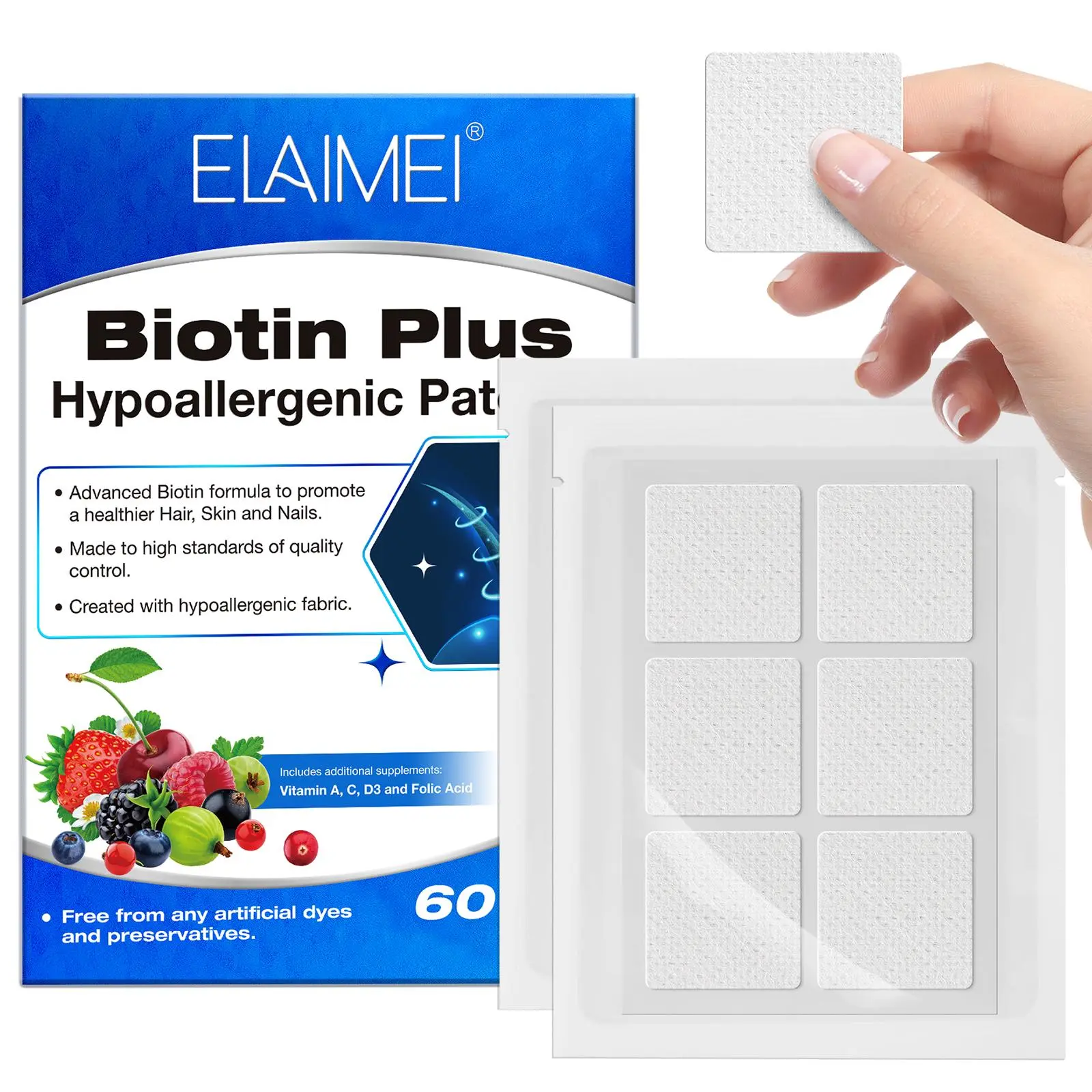 Elaimei Biotin Patch 60pcs, Hair Growth Supplement, Hair Growth Products, Haircare Supplement, Promotes Healthy Scalp & Stronger Nails, Easy Application, Suitable for All Ages, Base Unit Count, Rubber Working Part